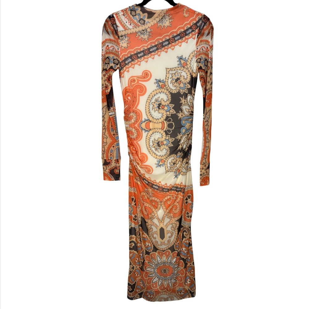 Farm Rio Long-Sleeve Mock-Neck Mesh Slim Midi Dress - Orange Bandana L - Picture 2 of 10
